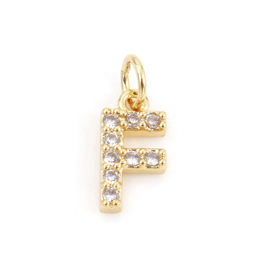 Picture of 2 PCs Brass Charms 18K Real Gold Plated Capital Alphabet/ Letter Message " F " Micro Pave Clear Cubic Zirconia 12mm x 5mm