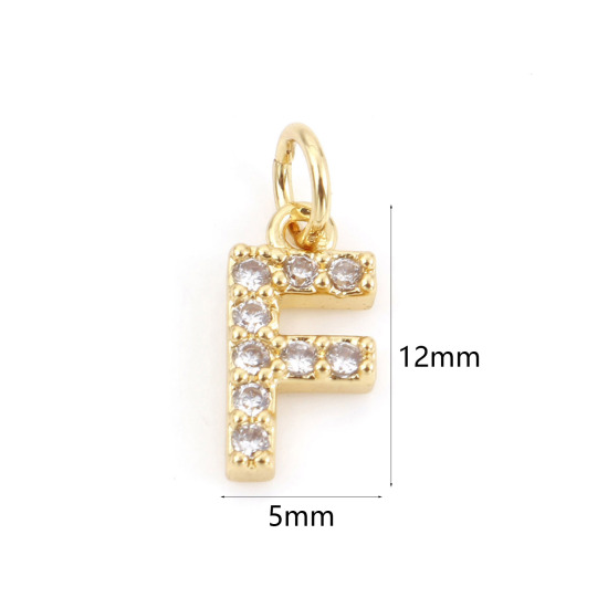 Picture of 2 PCs Brass Charms 18K Real Gold Plated Capital Alphabet/ Letter Message " F " Micro Pave Clear Cubic Zirconia 12mm x 5mm