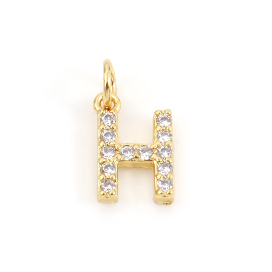 Picture of 2 PCs Brass Charms 18K Real Gold Plated Capital Alphabet/ Letter Message " H " Micro Pave Clear Cubic Zirconia 12mm x 6mm