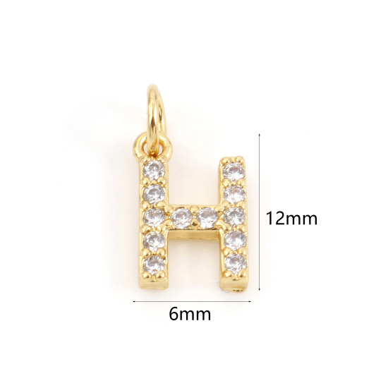 Picture of 2 PCs Brass Charms 18K Real Gold Plated Capital Alphabet/ Letter Message " H " Micro Pave Clear Cubic Zirconia 12mm x 6mm