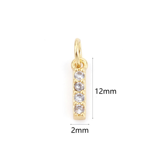 Picture of 2 PCs Brass Charms 18K Real Gold Plated Capital Alphabet/ Letter Message " I " Micro Pave Clear Cubic Zirconia 12mm x 2mm