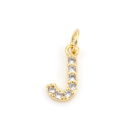 Picture of 2 PCs Brass Charms 18K Real Gold Plated Capital Alphabet/ Letter Message " J " Micro Pave Clear Cubic Zirconia 12mm x 5mm