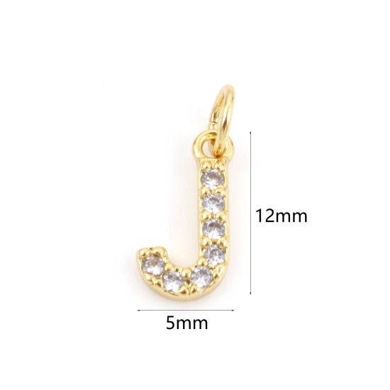 Picture of 2 PCs Brass Charms 18K Real Gold Plated Capital Alphabet/ Letter Message " J " Micro Pave Clear Cubic Zirconia 12mm x 5mm