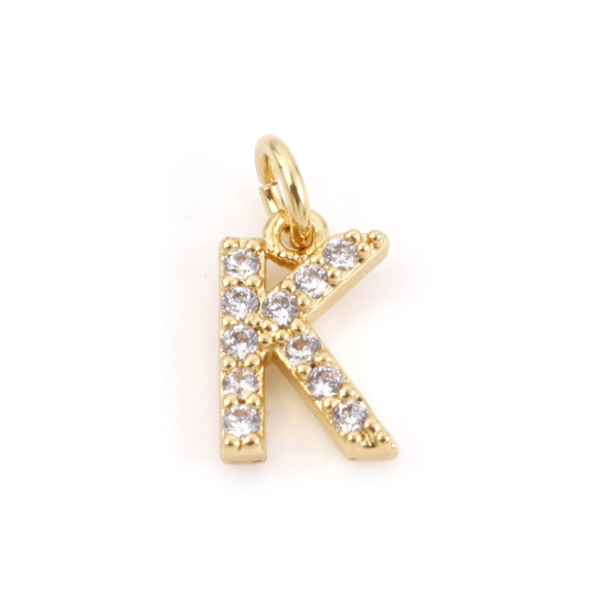 Picture of 2 PCs Brass Charms 18K Real Gold Plated Capital Alphabet/ Letter Message " K " Micro Pave Clear Cubic Zirconia 12mm x 6mm