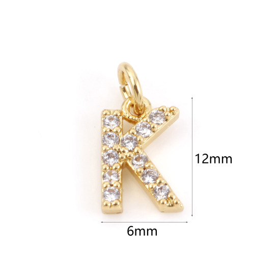 Picture of 2 PCs Brass Charms 18K Real Gold Plated Capital Alphabet/ Letter Message " K " Micro Pave Clear Cubic Zirconia 12mm x 6mm