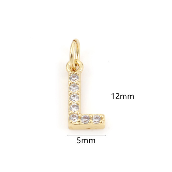 Picture of 2 PCs Brass Charms 18K Real Gold Plated Capital Alphabet/ Letter Message " L " Micro Pave Clear Cubic Zirconia 12mm x 5mm