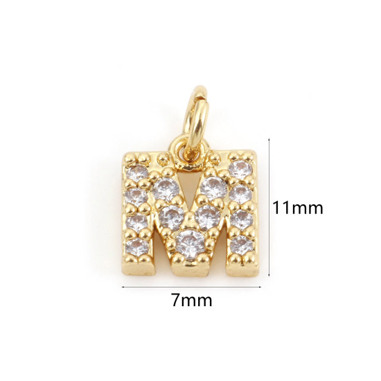 Picture of 2 PCs Brass Charms 18K Real Gold Plated Capital Alphabet/ Letter Message " M " Micro Pave Clear Cubic Zirconia 11mm x 7mm