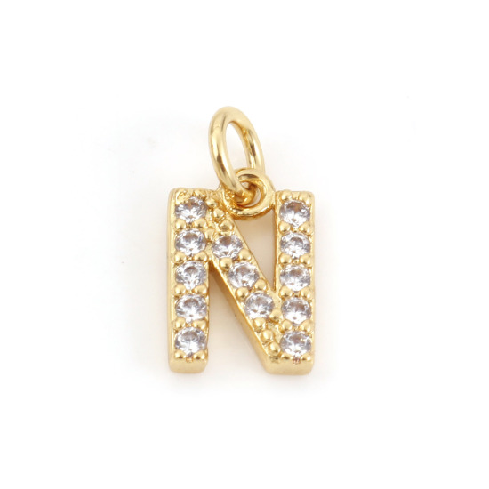 Picture of 2 PCs Brass Charms 18K Real Gold Plated Capital Alphabet/ Letter Message " N " Micro Pave Clear Cubic Zirconia 11mm x 6mm