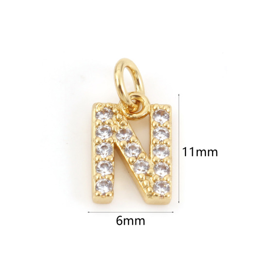 Picture of 2 PCs Brass Charms 18K Real Gold Plated Capital Alphabet/ Letter Message " N " Micro Pave Clear Cubic Zirconia 11mm x 6mm