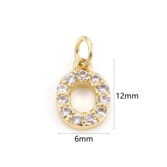 Picture of 2 PCs Brass Charms 18K Real Gold Plated Capital Alphabet/ Letter Message " O " Micro Pave Clear Cubic Zirconia 12mm x 6mm