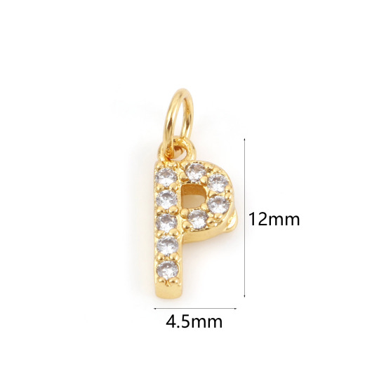 Picture of 2 PCs Brass Charms 18K Real Gold Plated Capital Alphabet/ Letter Message " P " Micro Pave Clear Cubic Zirconia 12mm x 4.5mm