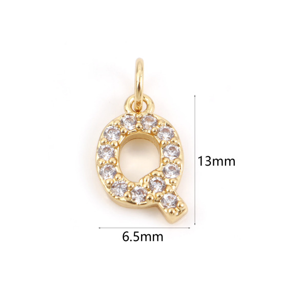 Picture of 2 PCs Brass Charms 18K Real Gold Plated Capital Alphabet/ Letter Message " Q " Micro Pave Clear Cubic Zirconia 13mm x 6.5mm