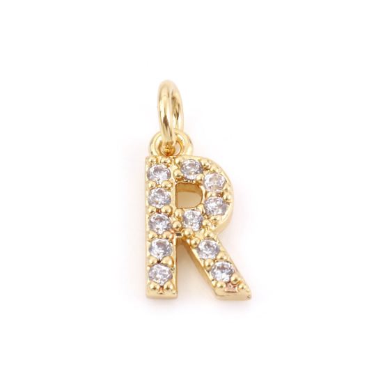 Picture of 2 PCs Brass Charms 18K Real Gold Plated Capital Alphabet/ Letter Message " R " Micro Pave Clear Cubic Zirconia 12mm x 5.5mm