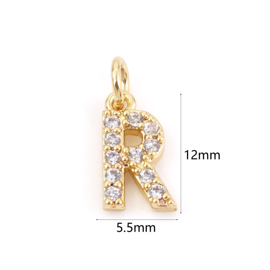 Picture of 2 PCs Brass Charms 18K Real Gold Plated Capital Alphabet/ Letter Message " R " Micro Pave Clear Cubic Zirconia 12mm x 5.5mm