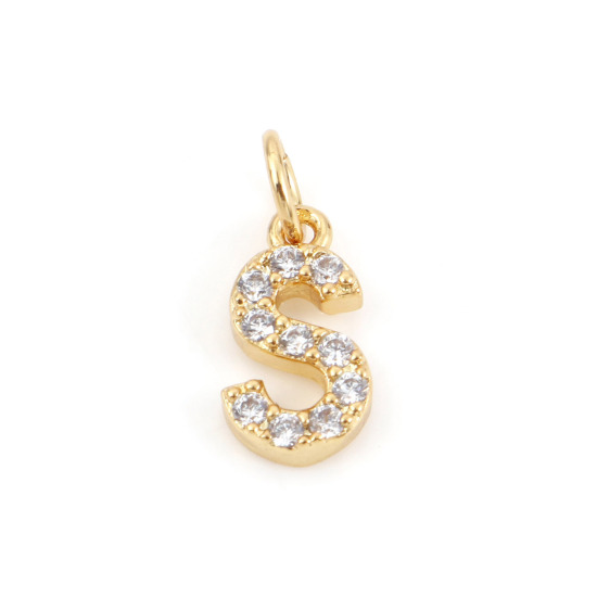 Picture of 2 PCs Brass Charms 18K Real Gold Plated Capital Alphabet/ Letter Message " S " Micro Pave Clear Cubic Zirconia 12mm x 5mm