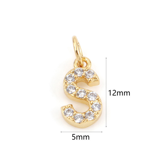 Picture of 2 PCs Brass Charms 18K Real Gold Plated Capital Alphabet/ Letter Message " S " Micro Pave Clear Cubic Zirconia 12mm x 5mm