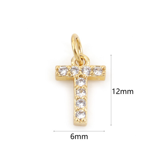 Picture of 2 PCs Brass Charms 18K Real Gold Plated Capital Alphabet/ Letter Message " T " Micro Pave Clear Cubic Zirconia 12mm x 6mm