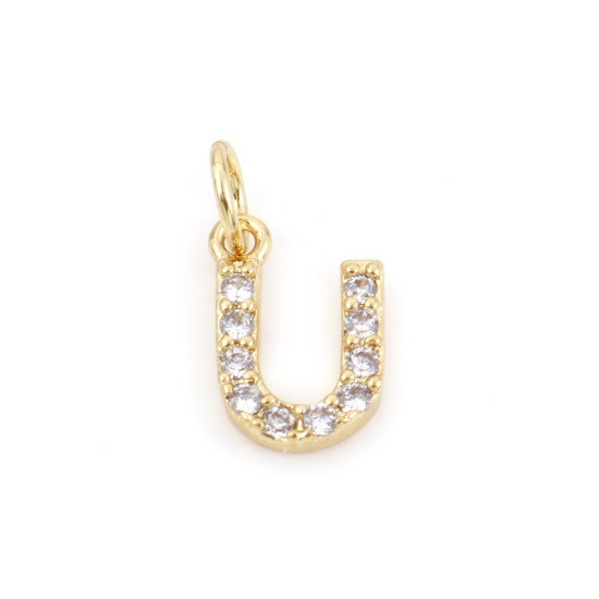 Picture of 2 PCs Brass Charms 18K Real Gold Plated Capital Alphabet/ Letter Message " U " Micro Pave Clear Cubic Zirconia 12mm x 6mm