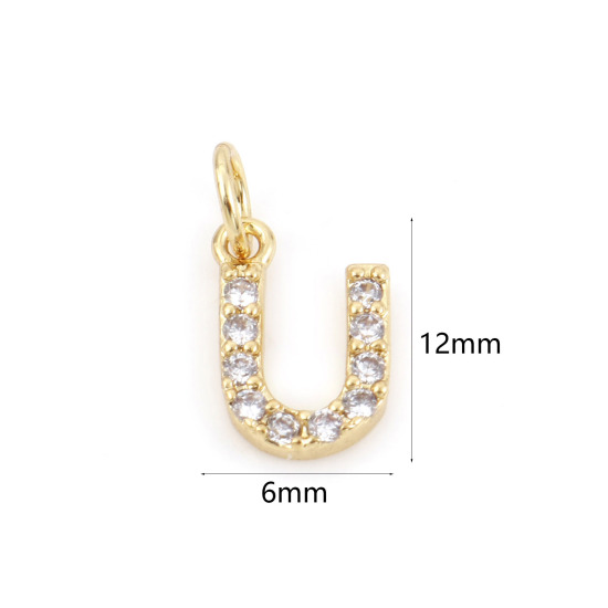 Picture of 2 PCs Brass Charms 18K Real Gold Plated Capital Alphabet/ Letter Message " U " Micro Pave Clear Cubic Zirconia 12mm x 6mm