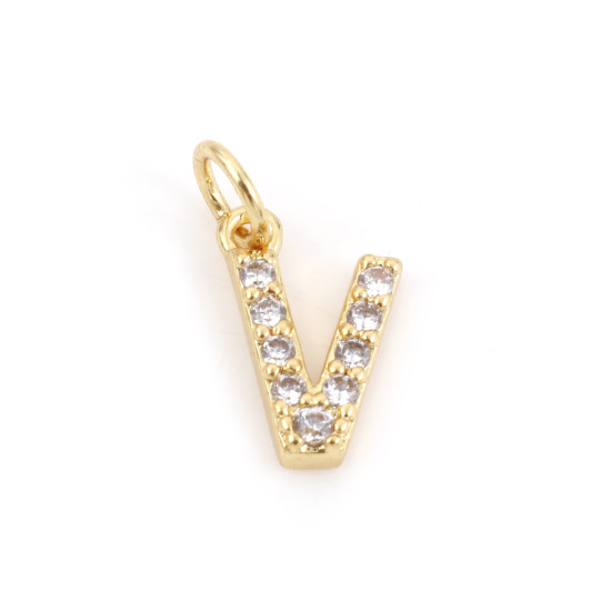 Picture of 2 PCs Brass Charms 18K Real Gold Plated Capital Alphabet/ Letter Message " V " Micro Pave Clear Cubic Zirconia 12mm x 6mm