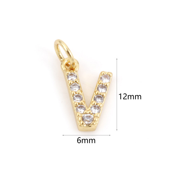 Picture of 2 PCs Brass Charms 18K Real Gold Plated Capital Alphabet/ Letter Message " V " Micro Pave Clear Cubic Zirconia 12mm x 6mm