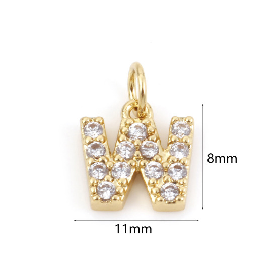 Picture of 2 PCs Brass Charms 18K Real Gold Plated Capital Alphabet/ Letter Message " W " Micro Pave Clear Cubic Zirconia 11mm x 8mm