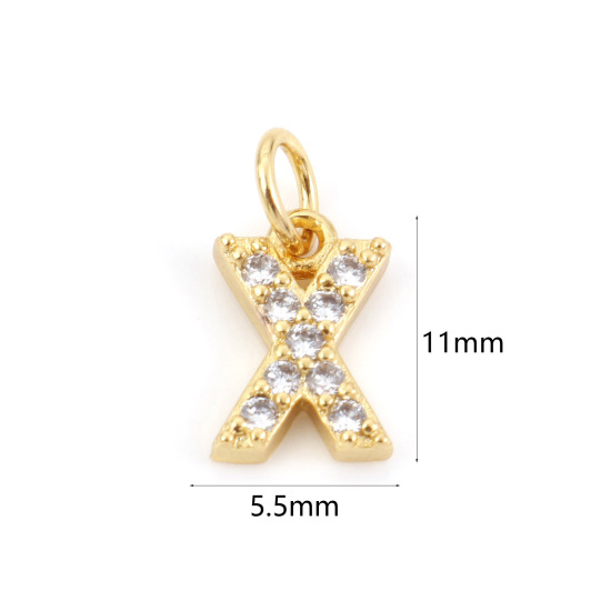 Picture of 2 PCs Brass Charms 18K Real Gold Plated Capital Alphabet/ Letter Message " X " Micro Pave Clear Cubic Zirconia 11mm x 5.5mm