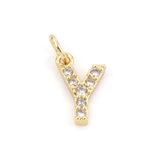 Picture of 2 PCs Brass Charms 18K Real Gold Plated Capital Alphabet/ Letter Message " Y " Micro Pave Clear Cubic Zirconia 12mm x 6mm