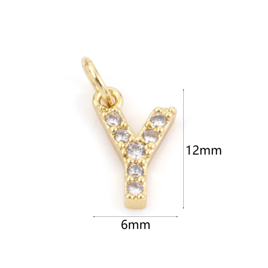 Picture of 2 PCs Brass Charms 18K Real Gold Plated Capital Alphabet/ Letter Message " Y " Micro Pave Clear Cubic Zirconia 12mm x 6mm