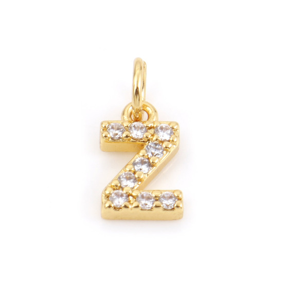 Picture of 2 PCs Brass Charms 18K Real Gold Plated Capital Alphabet/ Letter Message " Z " Micro Pave Clear Cubic Zirconia 11mm x 5mm