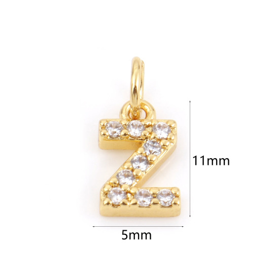 Picture of 2 PCs Brass Charms 18K Real Gold Plated Capital Alphabet/ Letter Message " Z " Micro Pave Clear Cubic Zirconia 11mm x 5mm