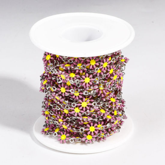 Imagen de 1 M 304 Acero Inoxidable Cadena de Eslabones Hechos a Mano Para Accesorios Hechos a Mano para Hacer Joyas Flor de la margarita Tono de Plata Esmalte de Doble Cara 7.5mm