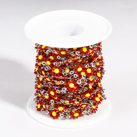 Imagen de 1 M 304 Acero Inoxidable Cadena de Eslabones Hechos a Mano Para Accesorios Hechos a Mano para Hacer Joyas Flor de la margarita Tono de Plata Esmalte de Doble Cara 7.5mm