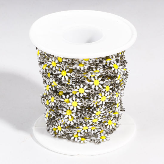 Imagen de 1 M 304 Acero Inoxidable Cadena de Eslabones Hechos a Mano Para Accesorios Hechos a Mano para Hacer Joyas Flor de la margarita Tono de Plata Esmalte de Doble Cara 7.5mm