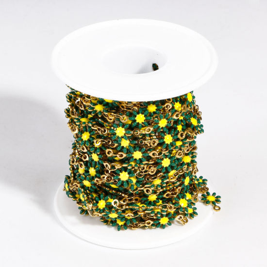 Bild von 1 Meter 304 Edelstahl Handgefertigte Gliederkette Für handgefertigte Schmuckherstellung Gänseblümchen Vergoldet Doppelseitige Emaille 7.5mm