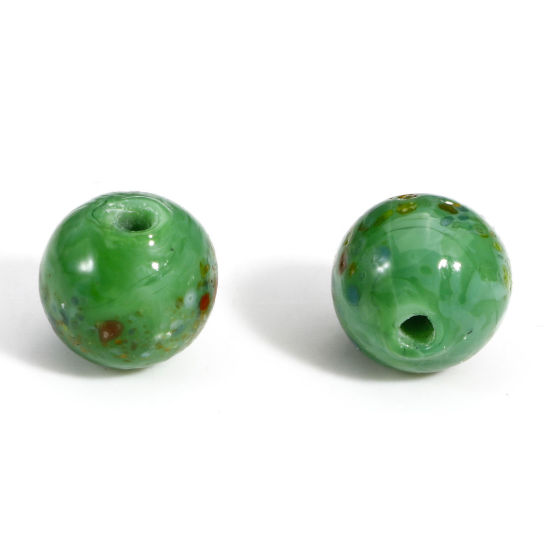 Picture of 5 PCs Lampwork Glass Beads For DIY Jewelry Making Round Green Watercolor About 10mm Dia, Hole: Approx 1.5mm