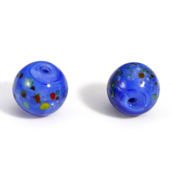 Picture of 5 PCs Lampwork Glass Beads For DIY Jewelry Making Round Royal Blue Watercolor About 10mm Dia, Hole: Approx 1.5mm