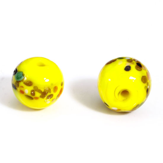 Picture of 5 PCs Lampwork Glass Beads For DIY Jewelry Making Round Yellow Watercolor About 10mm Dia, Hole: Approx 1.5mm