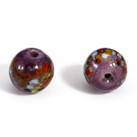 Picture of 5 PCs Lampwork Glass Beads For DIY Jewelry Making Round Puce Watercolor About 10mm Dia, Hole: Approx 1.5mm