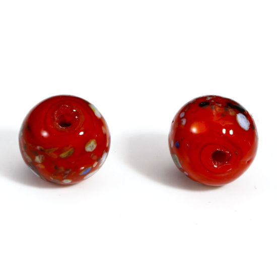 Picture of 5 PCs Lampwork Glass Beads For DIY Jewelry Making Round Red Watercolor About 10mm Dia, Hole: Approx 1.5mm