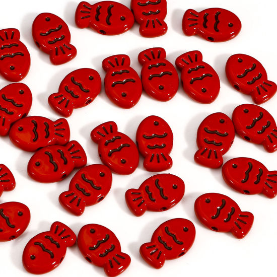 Bild von 10 Stück Zinklegierung Ozean Schmuck Zwischenperlen Spacer Perlen für die Herstellung von DIY-Charme-Schmuck Rot Fisch Spritzlackierung ca. 14mm x 9mm, Loch:ca. 1.4mm