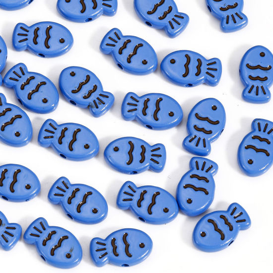 Bild von 10 Stück Zinklegierung Ozean Schmuck Zwischenperlen Spacer Perlen für die Herstellung von DIY-Charme-Schmuck Blau Fisch Spritzlackierung ca. 14mm x 9mm, Loch:ca. 1.4mm