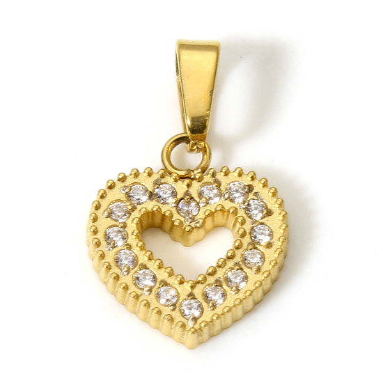 Immagine di 1 Pz Placcatura Sottovuoto Ecologica 304 Acciaio Inossidabile Geometrico Ciondoli Pendenti Cuore 18K Oro riempito Micro Spianare Trasparente Cubic Zirconiae 16mm x 10mm