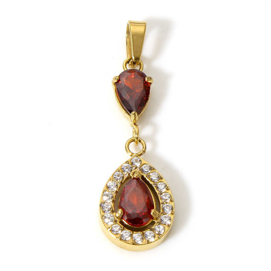 Imagen de 1 Unidad Enchapado al Vacío Ecológico 304 Acero Inoxidable Geométrico Colgantes Charms Gota 18K Oro lleno Micro Pave Rojo Circón Artificial 28mm x 9mm