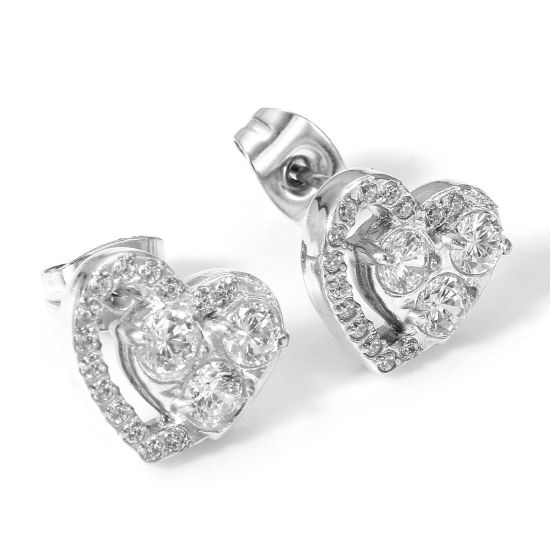 Bild von 1 Pair 304 Stainless Steel Ear Post Stud Earrings Real Platinum Plated Heart Clear Cubic Zirconia 11mm x 10mm, Post/ Wire Size: (20 gauge)