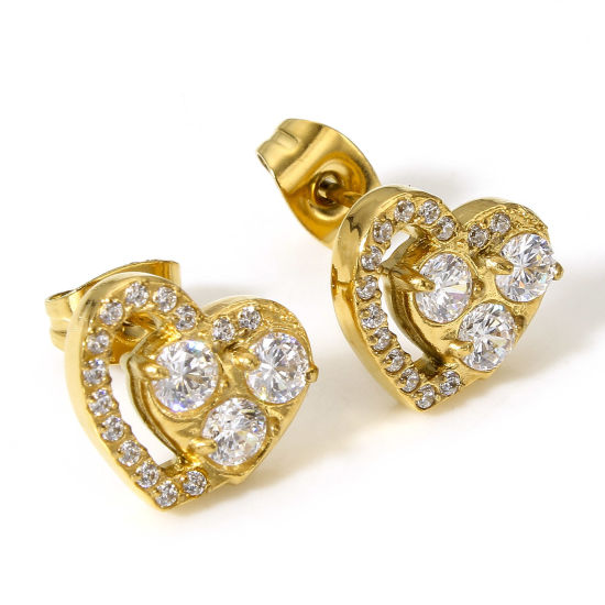 Bild von 1 Pair 304 Stainless Steel Ear Post Stud Earrings 18K Real Gold Plated Heart Clear Cubic Zirconia 11mm x 10mm, Post/ Wire Size: (20 gauge)