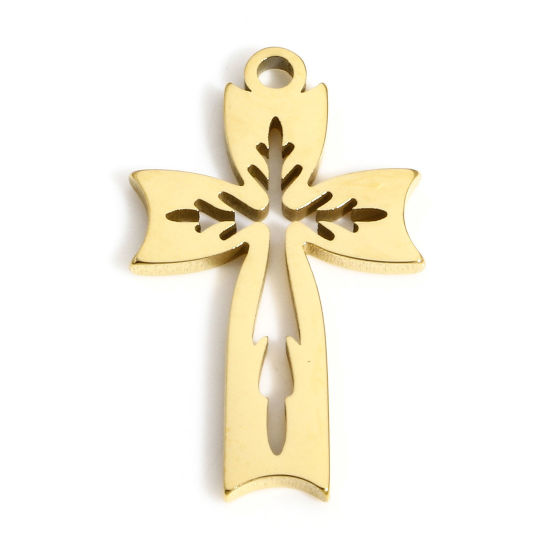 Picture of 1 Piece Vacuum Plating 304 Stainless Steel Religious Charms Gold Plated Cross Filigree 22mm x 13mm