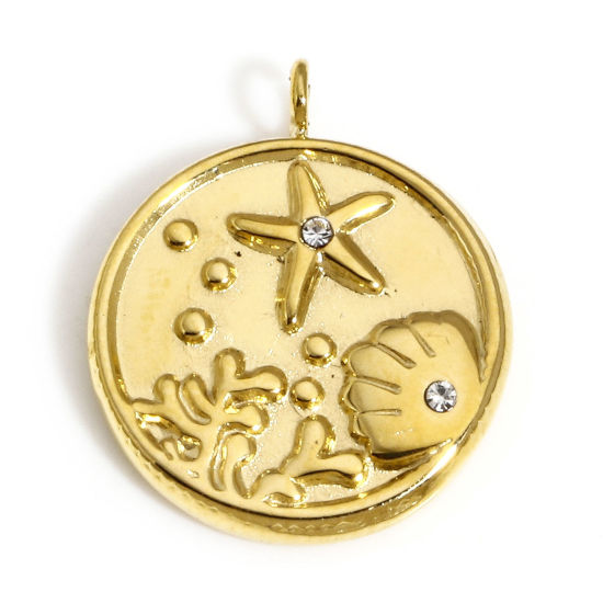 Picture of 1 Piece Vacuum Plating 304 Stainless Steel Ocean Jewelry Disc Charms Gold Plated Round Star Fish 17.5mm x 14.5mm