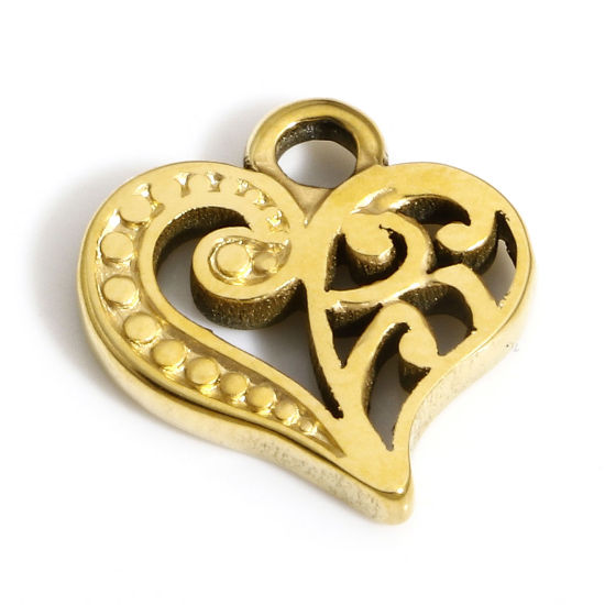 Picture of 1 Piece Vacuum Plating 304 Stainless Steel Valentine's Day Charms Gold Plated Heart Filigree 13.5mm x 13mm