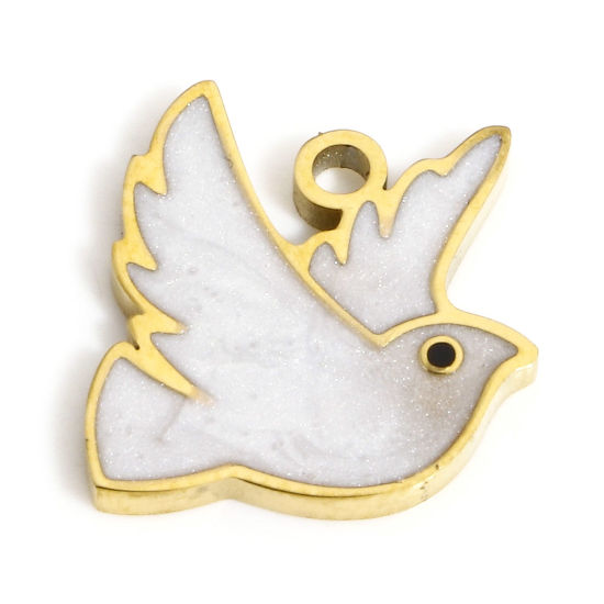 Picture of 1 Piece Vacuum Plating 304 Stainless Steel Charms Gold Plated White Pigeon Animal Enamel 15.5mm x 13mm